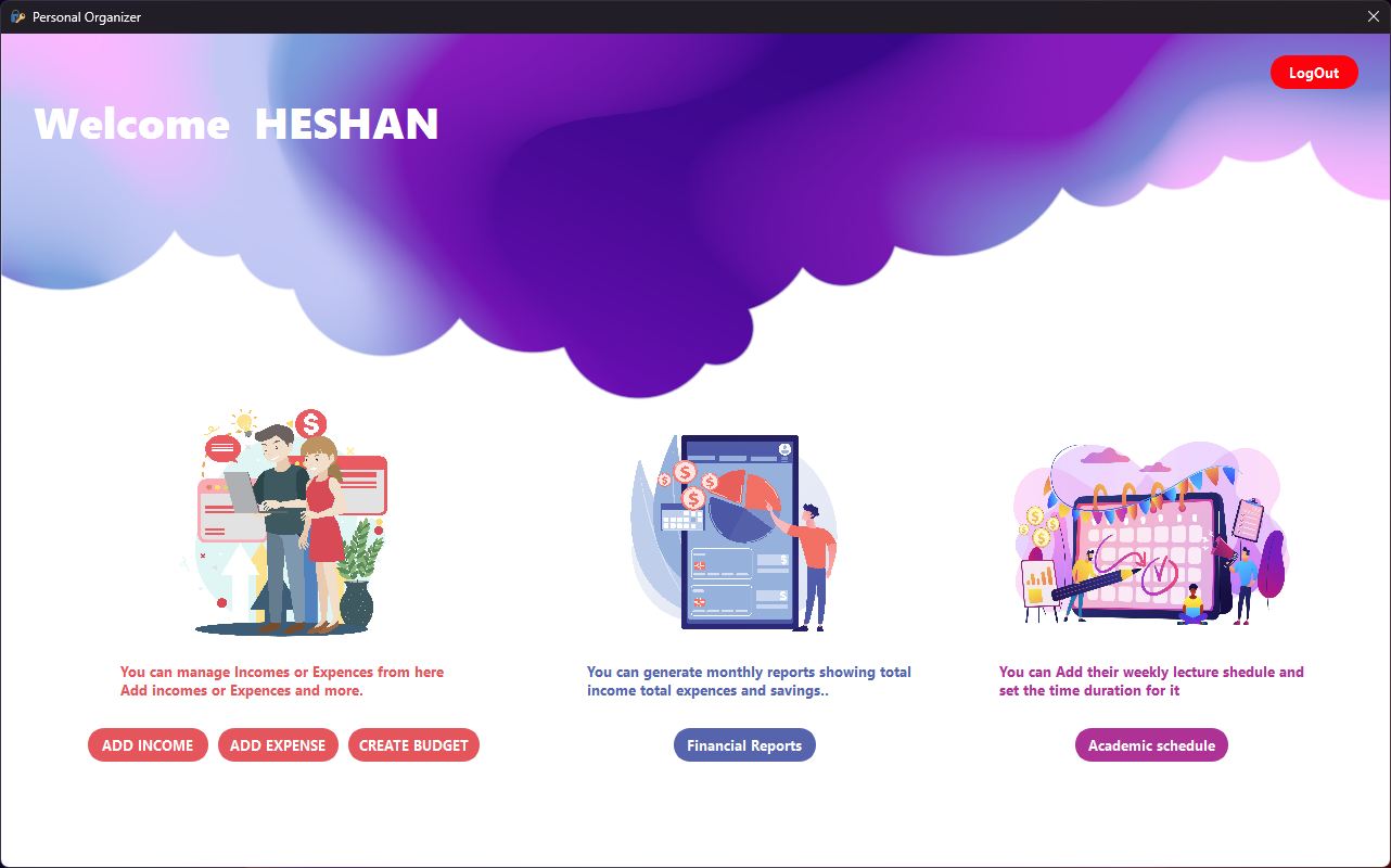 Personal Organizer: Dashboard preview